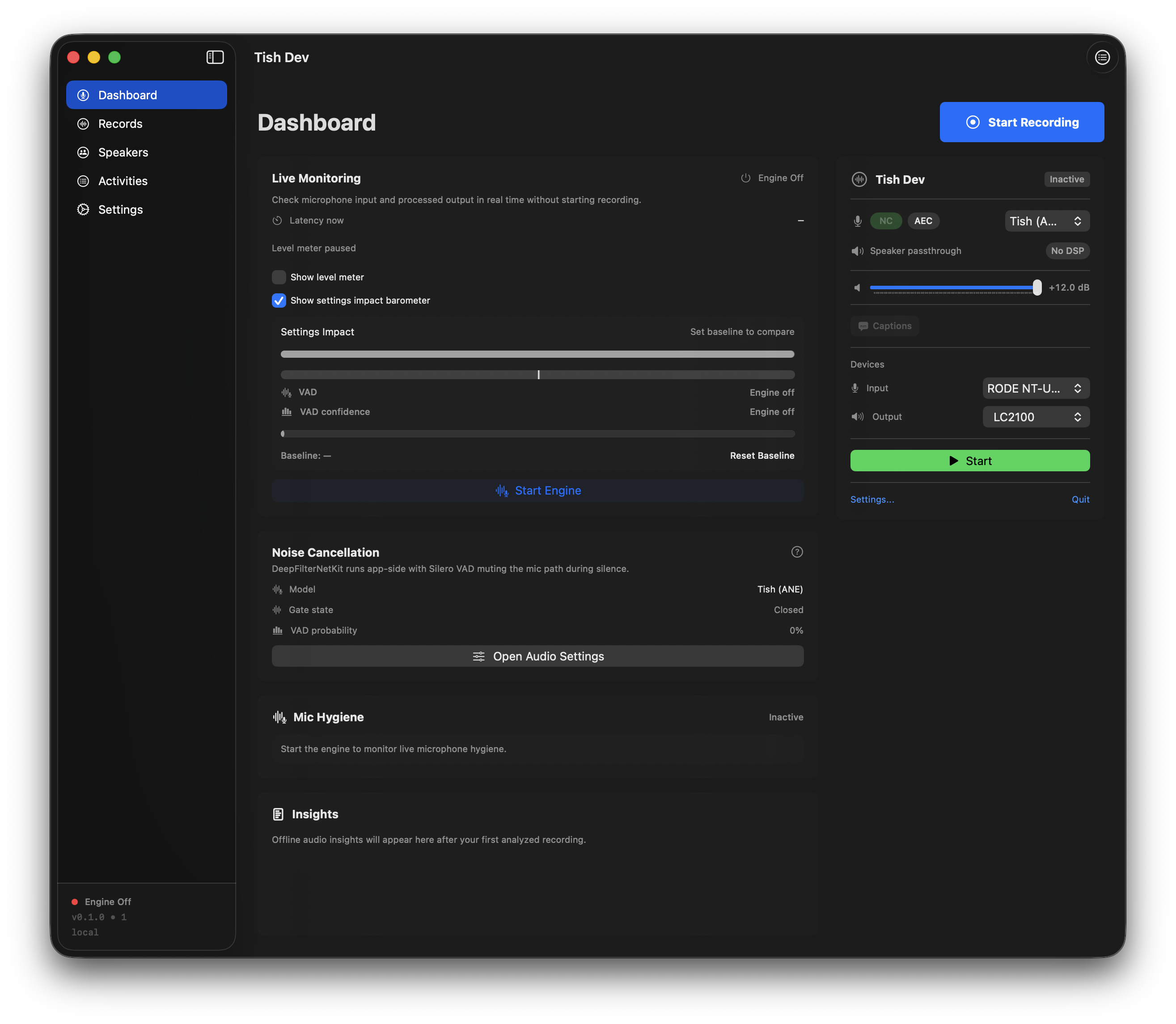 Tish dashboard — sessions, transcriptions and recordings